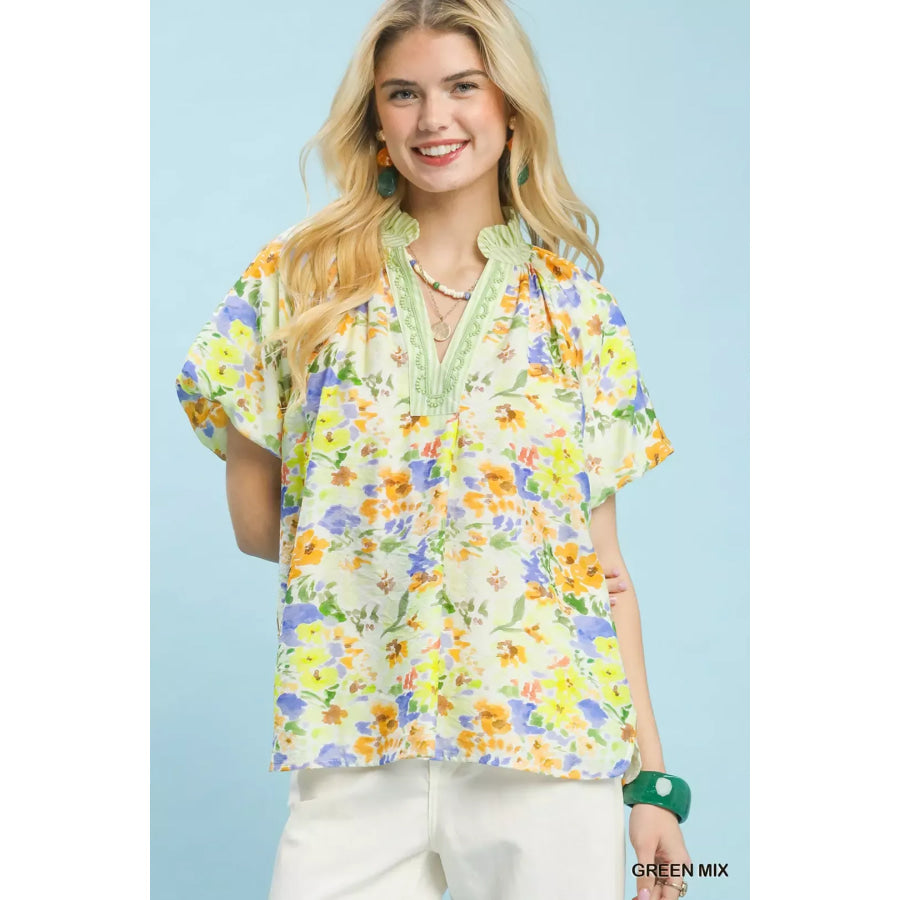 Umgee Watercolor Floral Top GREEN MIX / S Apparel and Accessories