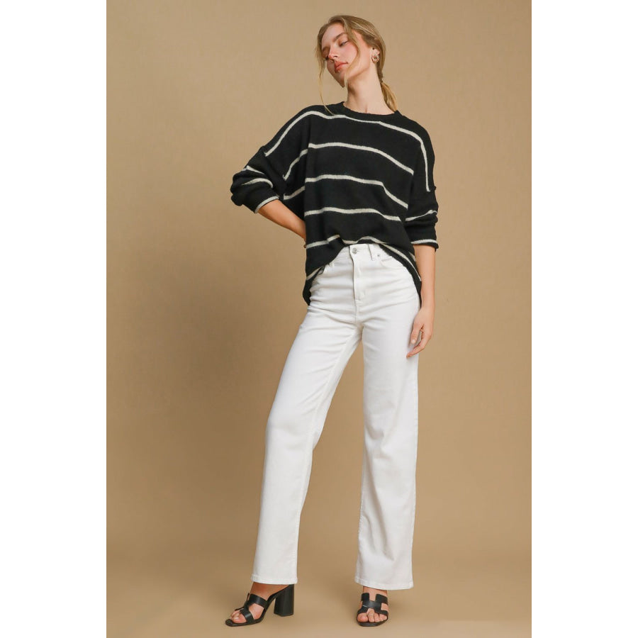 Umgee Wool Blend Striped Round Neck Sweater Apparel and Accessories