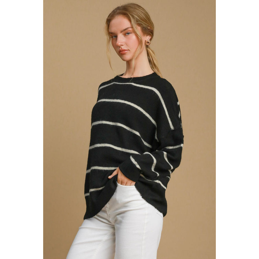 Umgee Wool Blend Striped Round Neck Sweater Apparel and Accessories