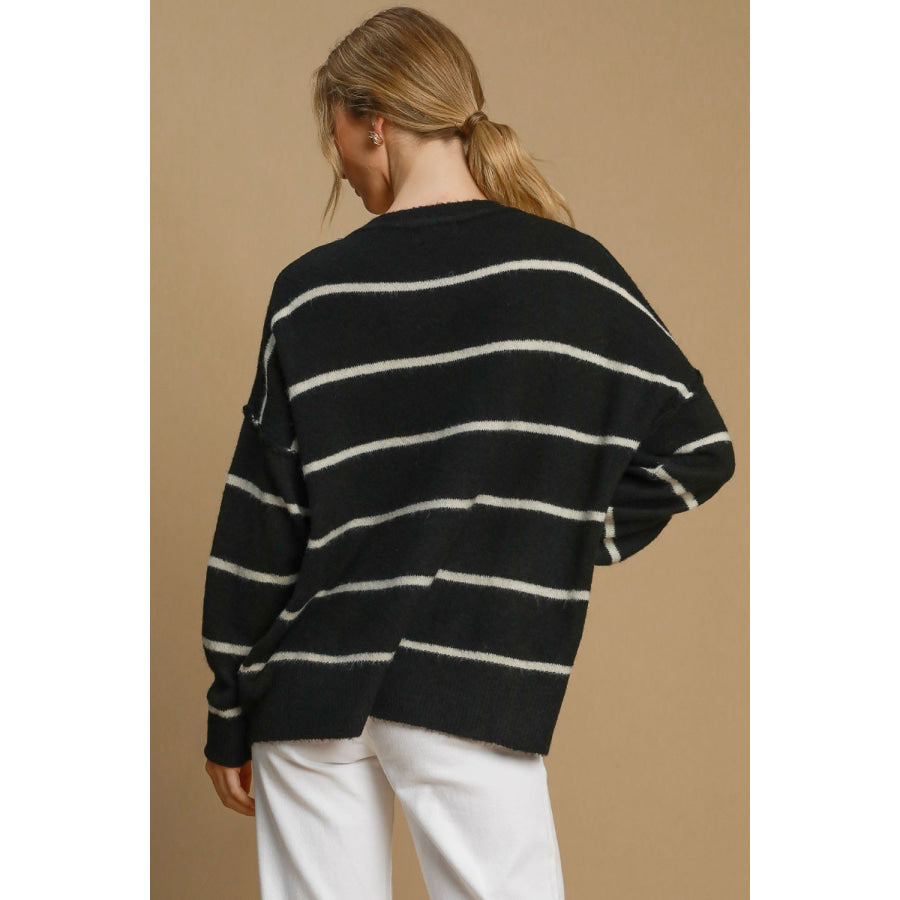 Umgee Wool Blend Striped Round Neck Sweater Apparel and Accessories