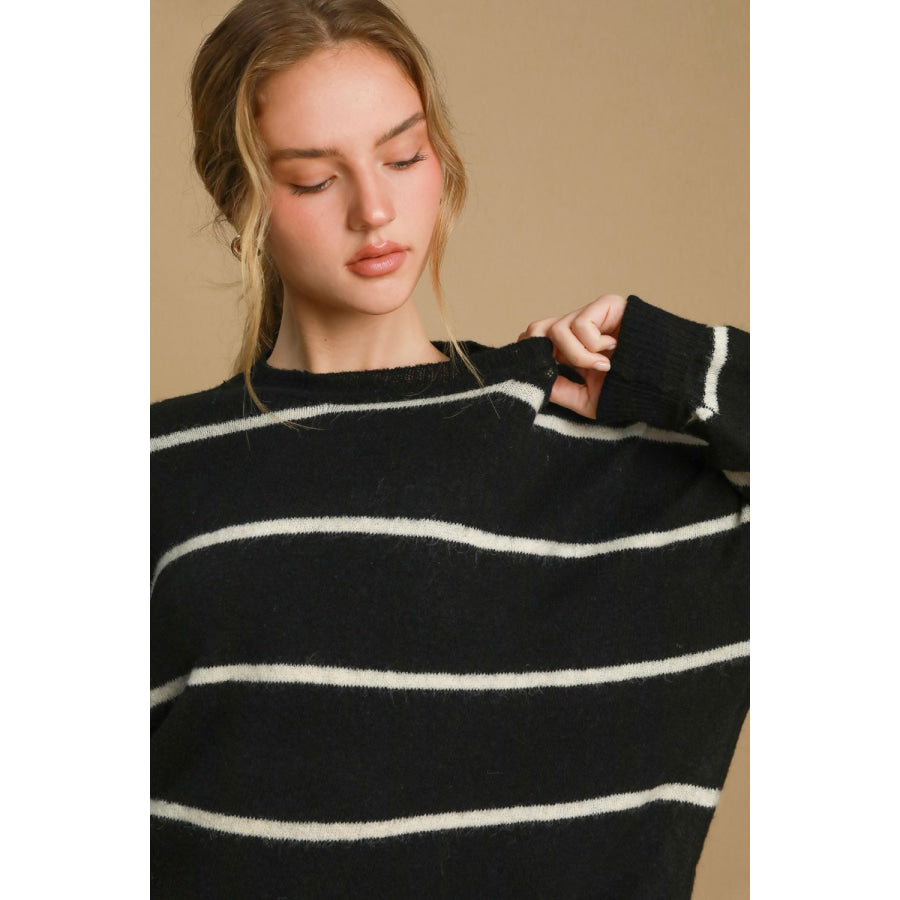 Umgee Wool Blend Striped Round Neck Sweater Apparel and Accessories