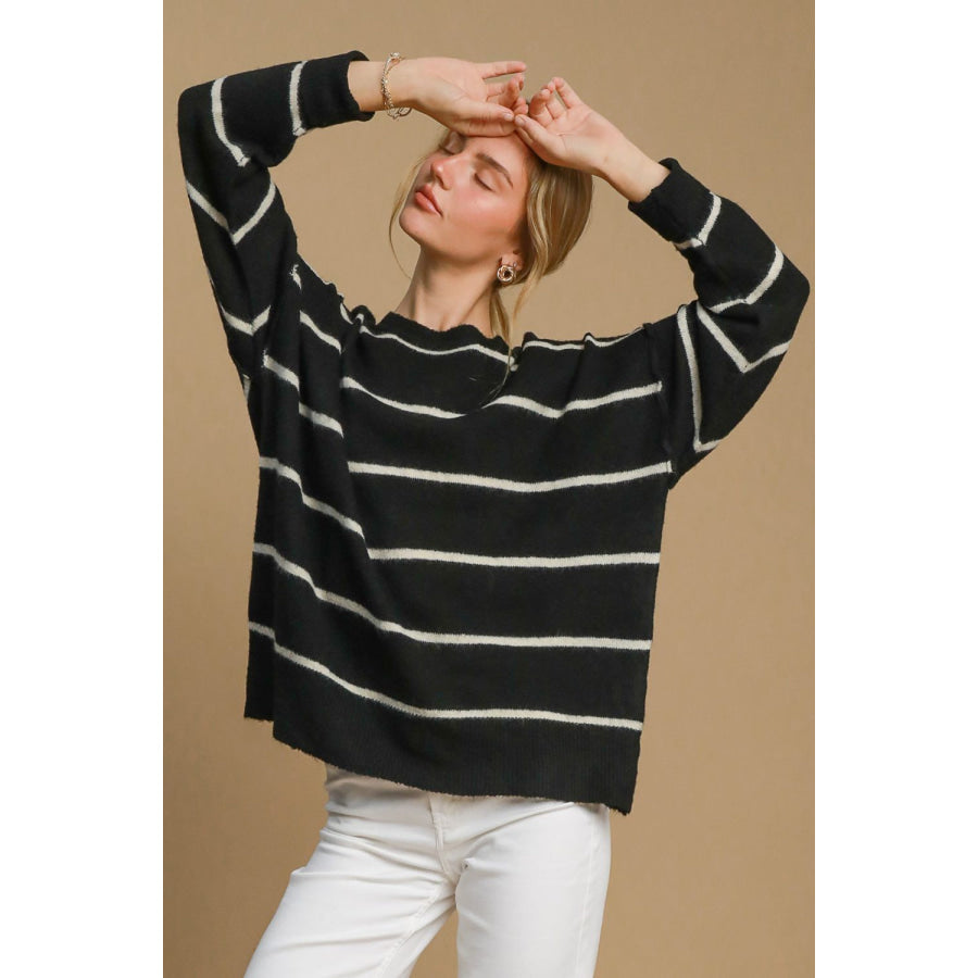 Umgee Wool Blend Striped Round Neck Sweater Black/Cream / S Apparel and Accessories