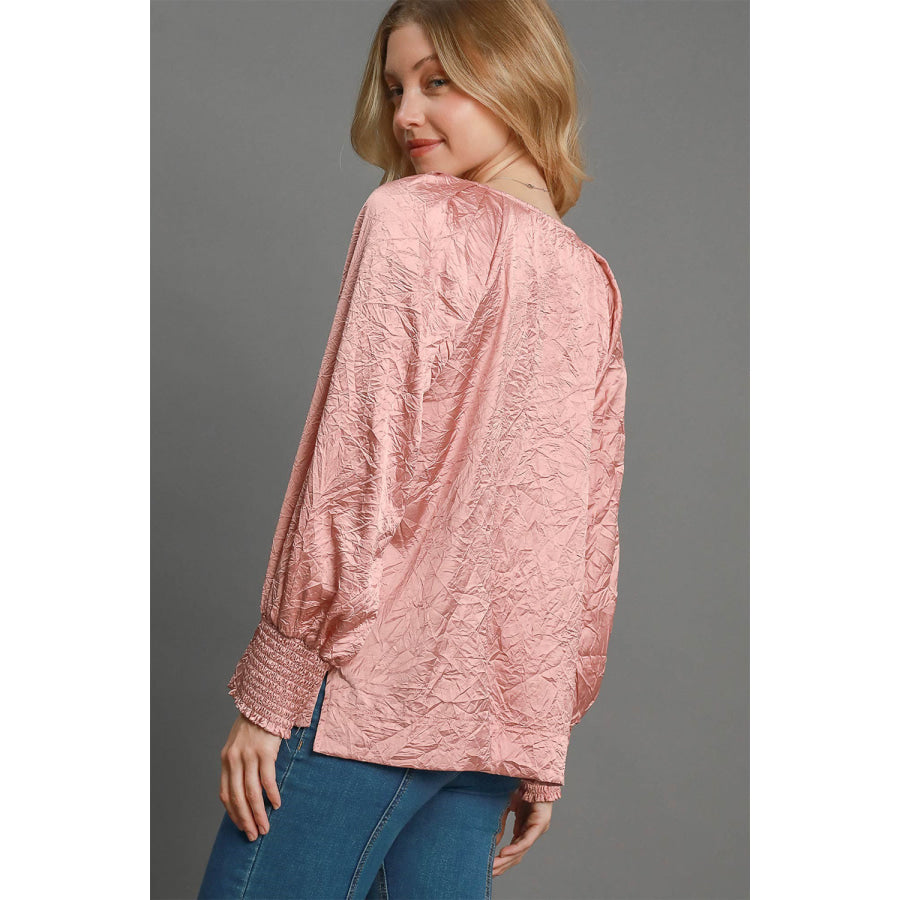 Umgee Wrinkled Round Neck Lantern Sleeve Blouse Apparel and Accessories