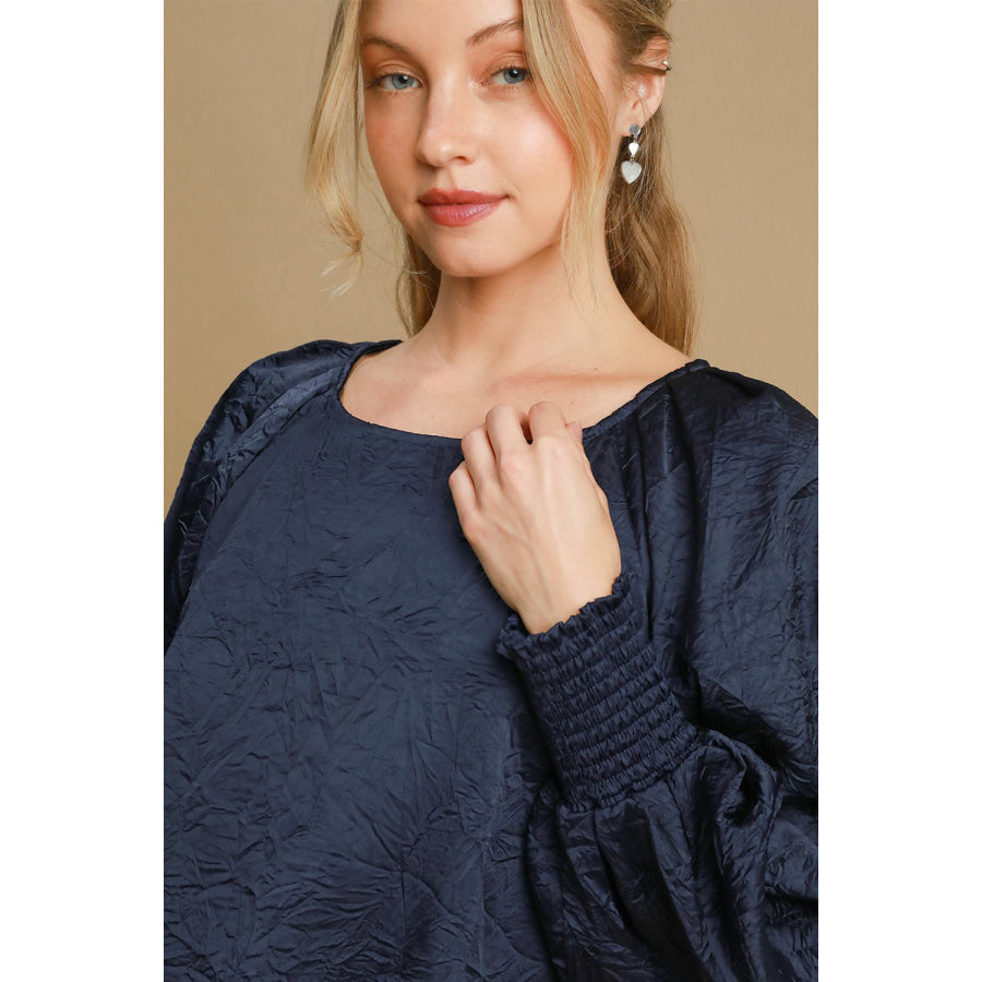 Umgee Wrinkled Round Neck Lantern Sleeve Blouse Apparel and Accessories