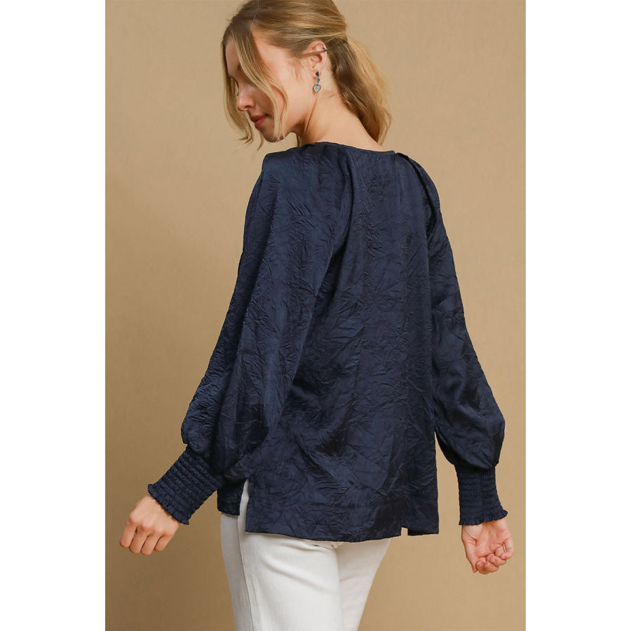 Umgee Wrinkled Round Neck Lantern Sleeve Blouse Apparel and Accessories