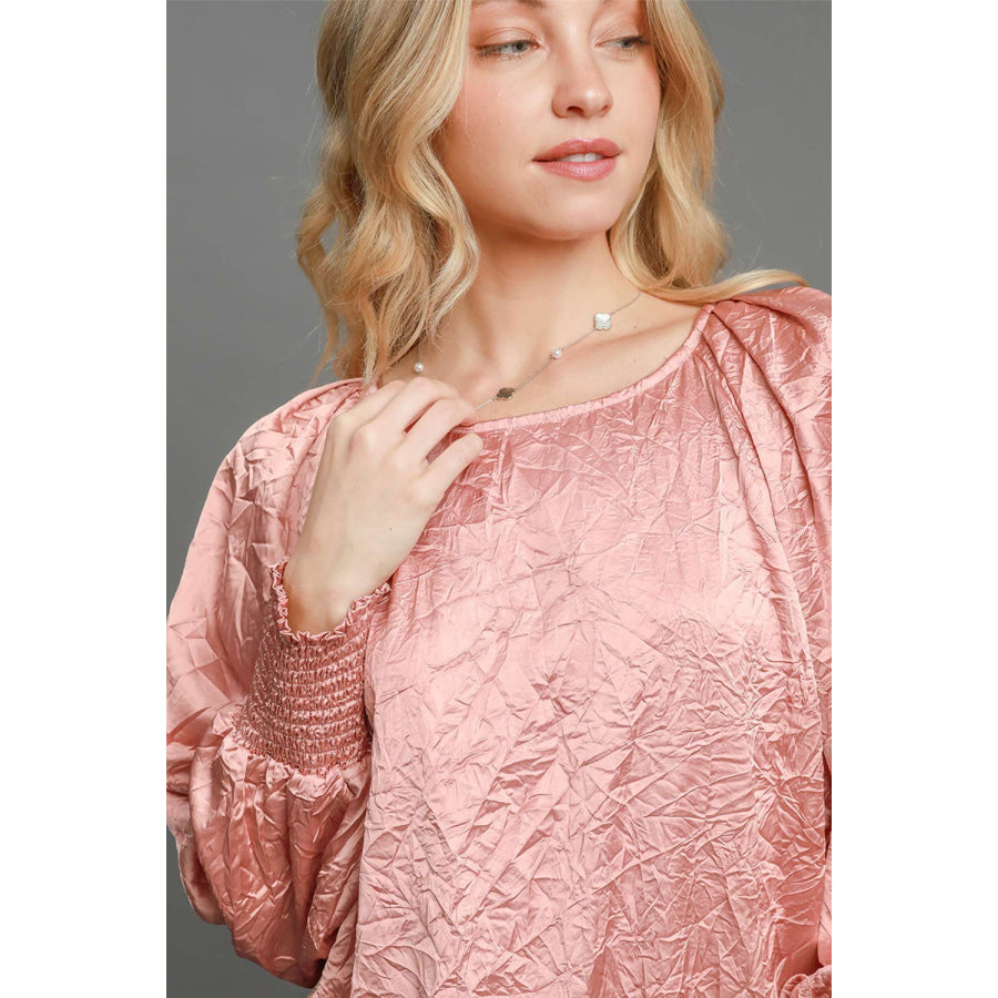 Umgee Wrinkled Round Neck Lantern Sleeve Blouse Apparel and Accessories