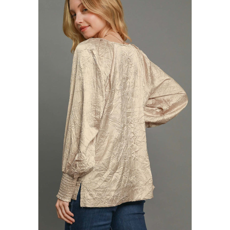 Umgee Wrinkled Round Neck Lantern Sleeve Blouse Apparel and Accessories