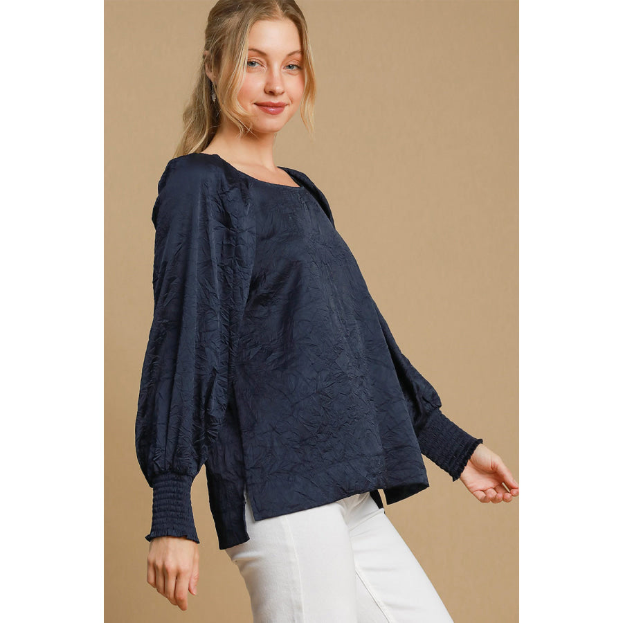 Umgee Wrinkled Round Neck Lantern Sleeve Blouse Apparel and Accessories