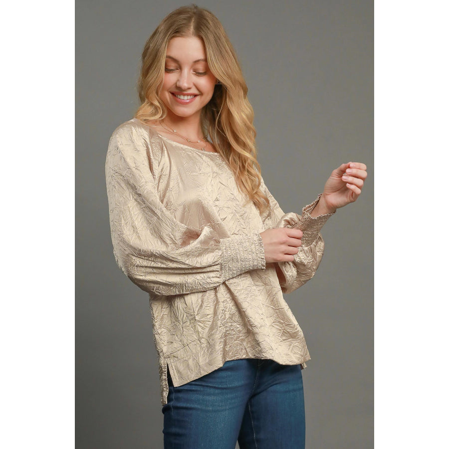 Umgee Wrinkled Round Neck Lantern Sleeve Blouse Apparel and Accessories