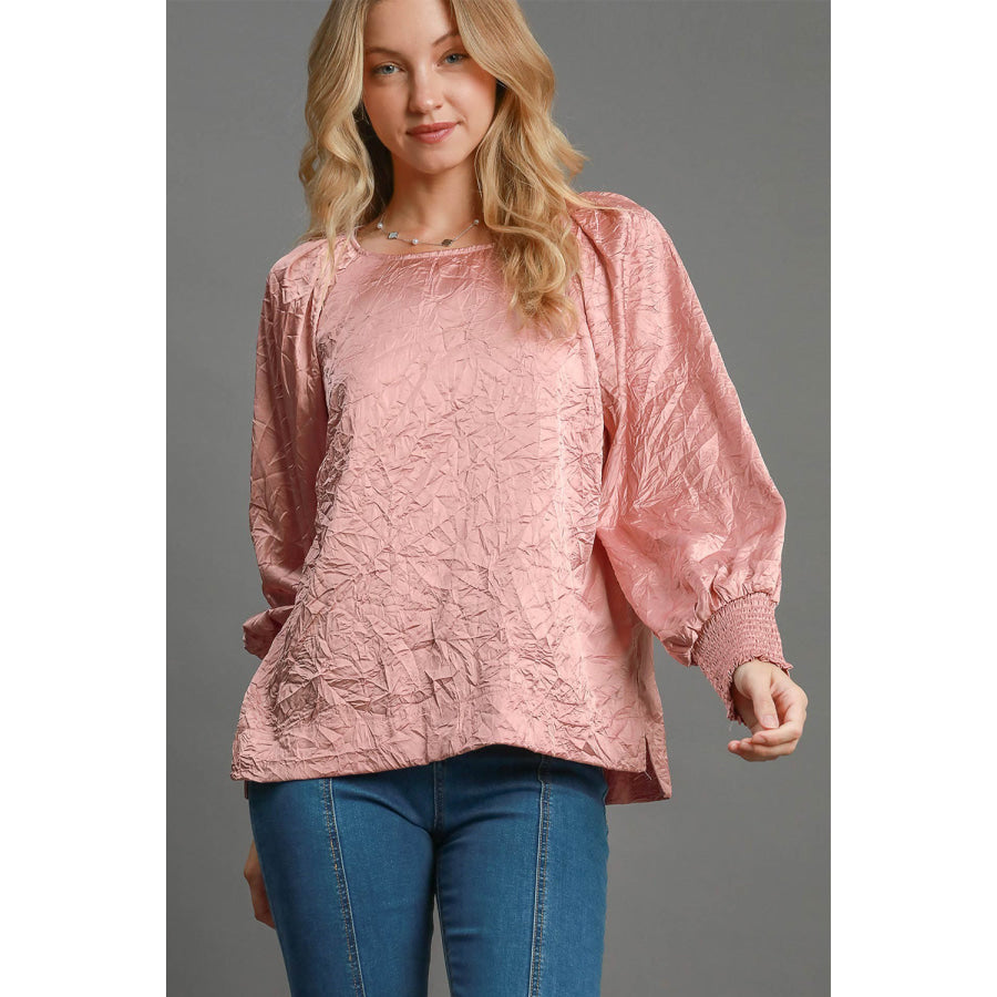 Umgee Wrinkled Round Neck Lantern Sleeve Blouse Blush Pink / S Apparel and Accessories