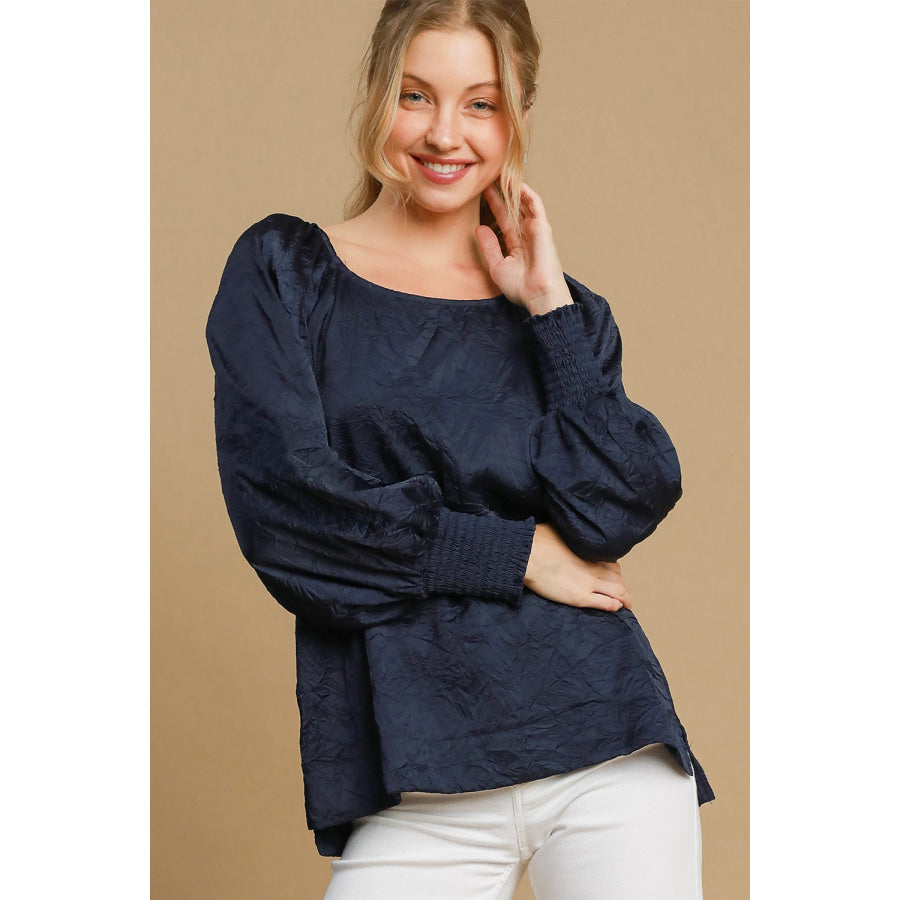 Umgee Wrinkled Round Neck Lantern Sleeve Blouse Navy / S Apparel and Accessories