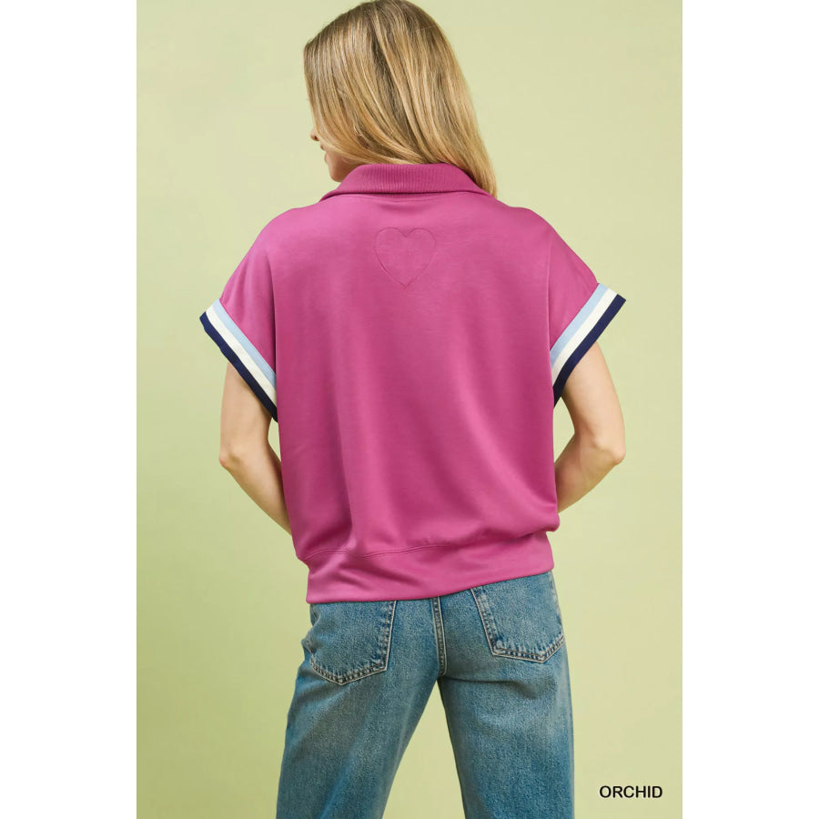 Umgee Zip Front Casual Top with Contrast Stripe Trim Apparel and Accessories
