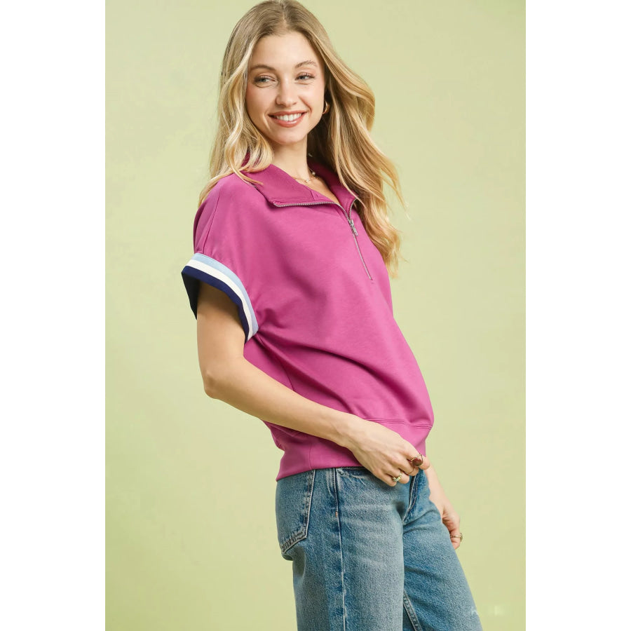 Umgee Zip Front Casual Top with Contrast Stripe Trim ORCHID / S Apparel and Accessories