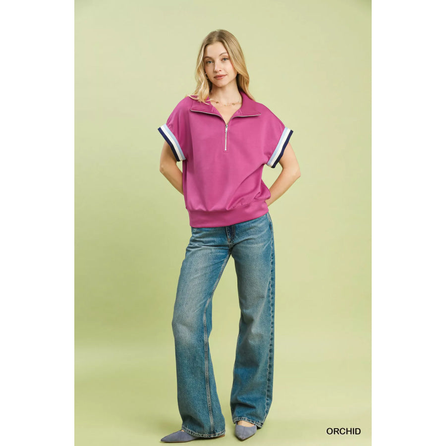 Umgee Zip Front Casual Top with Contrast Stripe Trim Apparel and Accessories