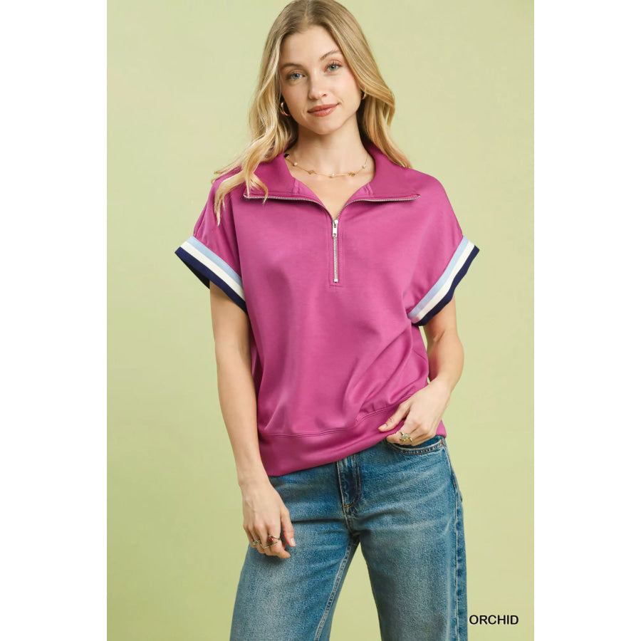 Umgee Zip Front Casual Top with Contrast Stripe Trim ORCHID / S Apparel and Accessories