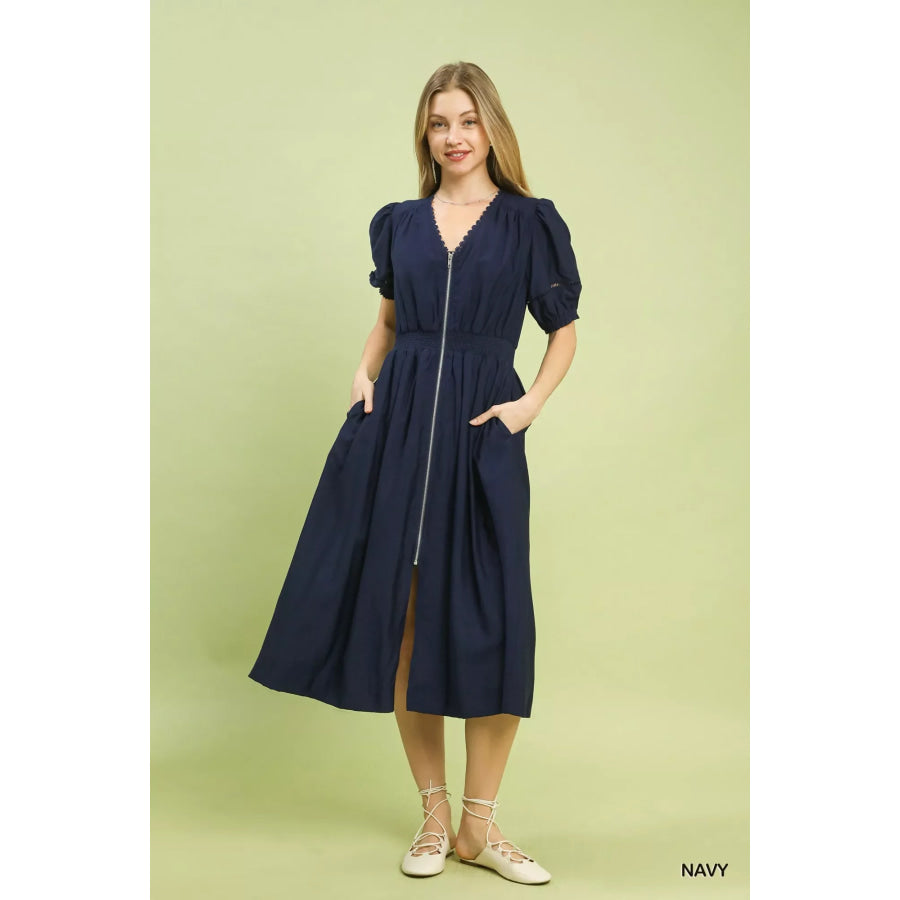 Umgee Zip-Front Smocked Waist Midi Dress NAVY / S Apparel and Accessories