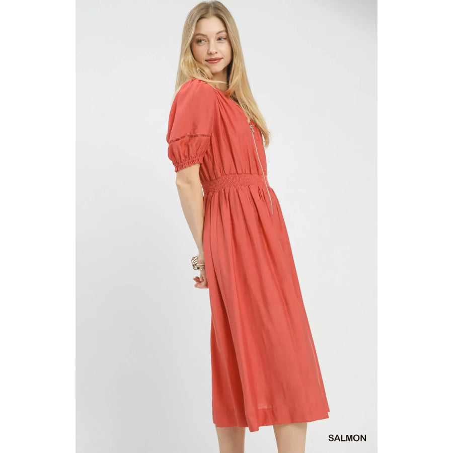 Umgee Zip-Front Smocked Waist Midi Dress Apparel and Accessories