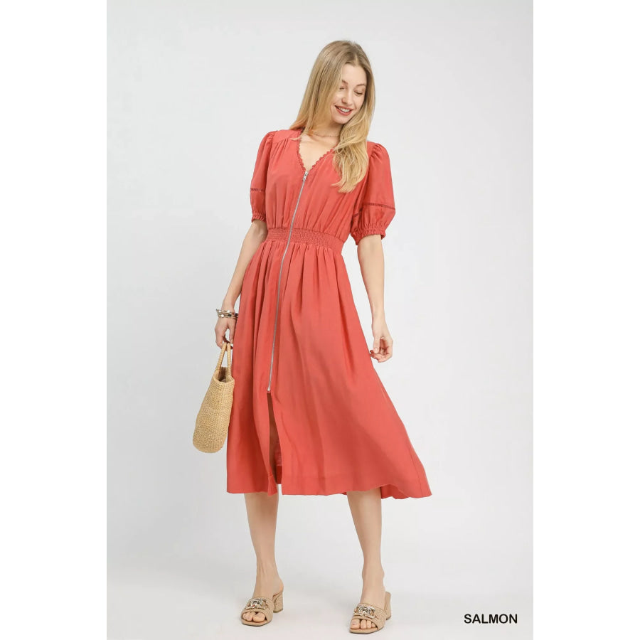 Umgee Zip-Front Smocked Waist Midi Dress SALMON / S Apparel and Accessories
