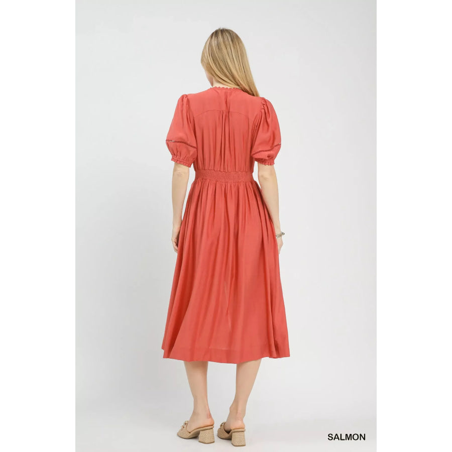 Umgee Zip-Front Smocked Waist Midi Dress Apparel and Accessories