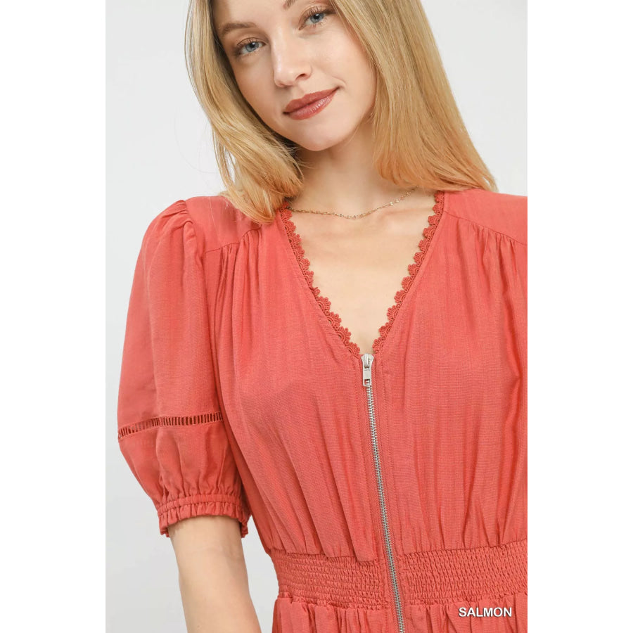 Umgee Zip-Front Smocked Waist Midi Dress Apparel and Accessories