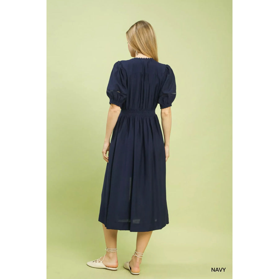 Umgee Zip-Front Smocked Waist Midi Dress Apparel and Accessories