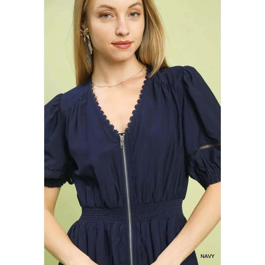 Umgee Zip-Front Smocked Waist Midi Dress Apparel and Accessories
