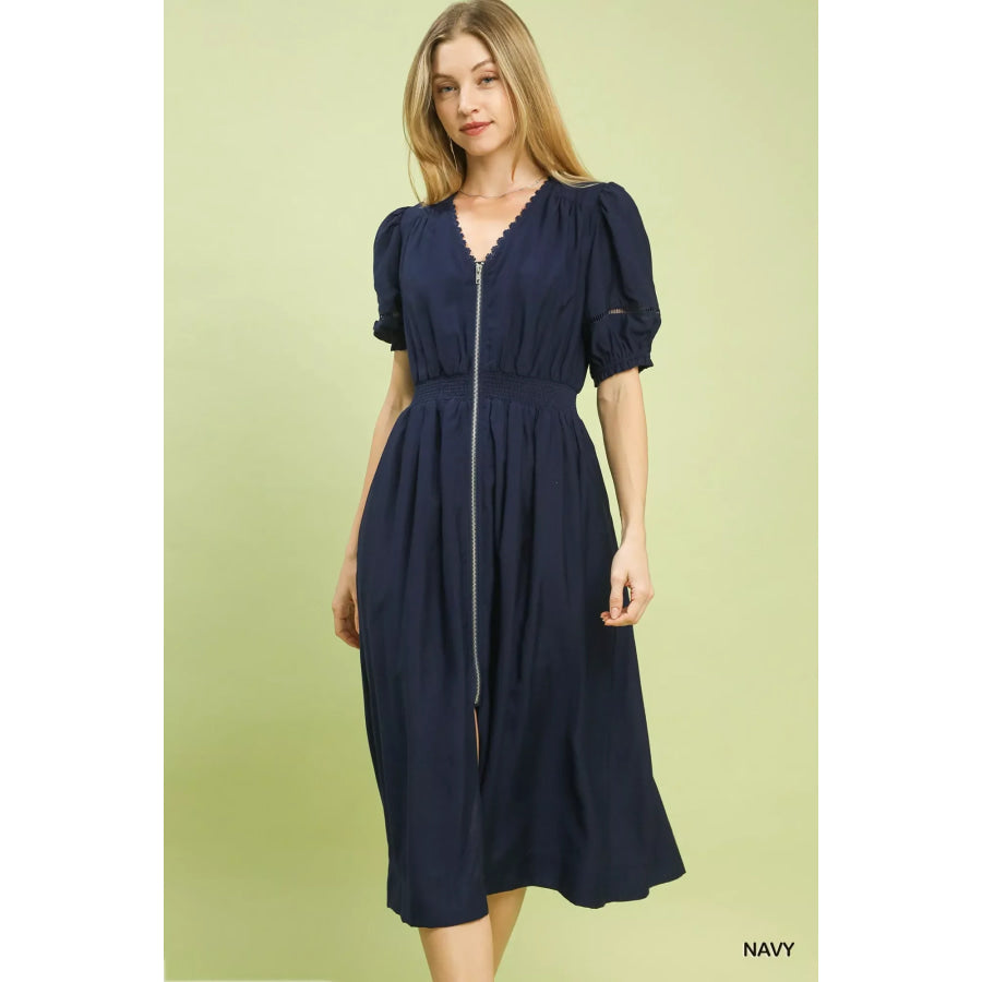 Umgee Zip-Front Smocked Waist Midi Dress NAVY / S Apparel and Accessories