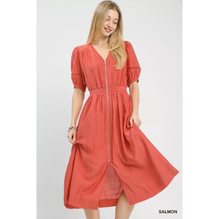 Umgee Zip-Front Smocked Waist Midi Dress SALMON / S Apparel and Accessories