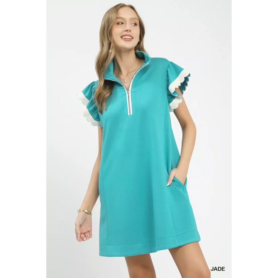 Umgee Zip-Neck Flutter Sleeve Dress JADE / S Apparel and Accessories
