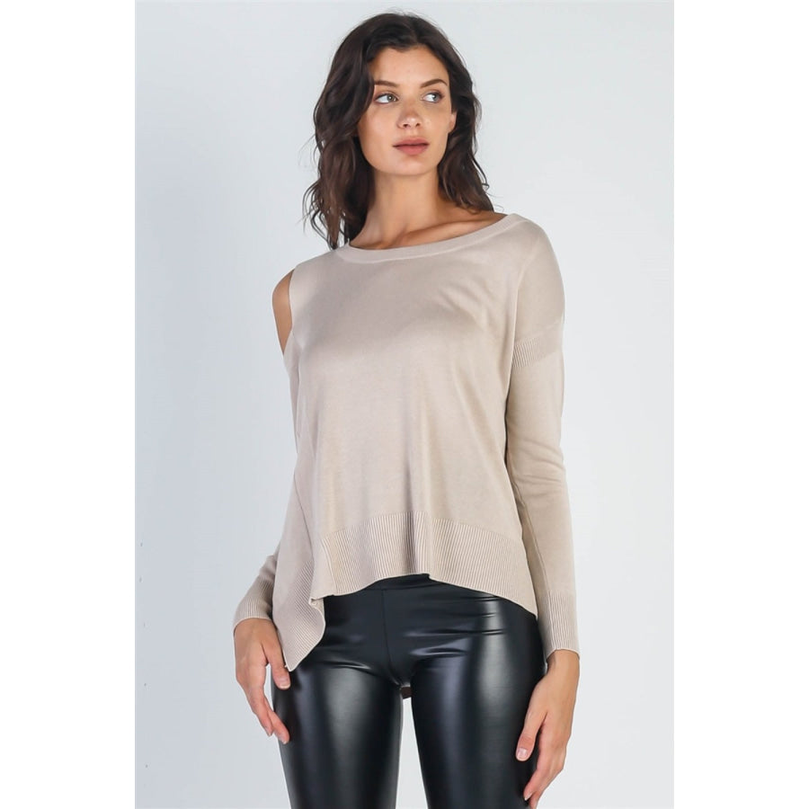 UNIQ Cold Shoulder Long Sleeve Knit Top Beige / S Apparel and Accessories