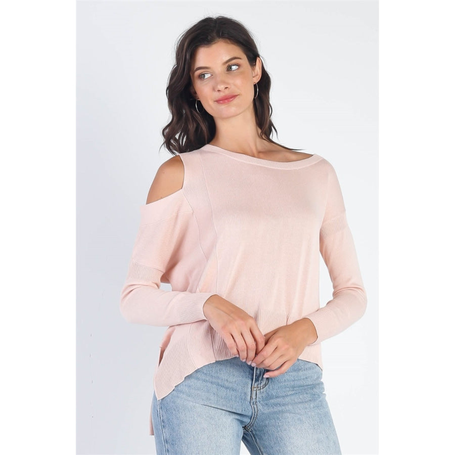 UNIQ Cold Shoulder Long Sleeve Knit Top Light Pink / S Apparel and Accessories