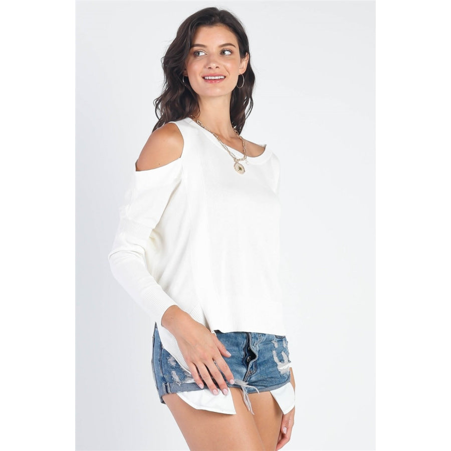 UNIQ Cold Shoulder Long Sleeve Knit Top White / S Apparel and Accessories