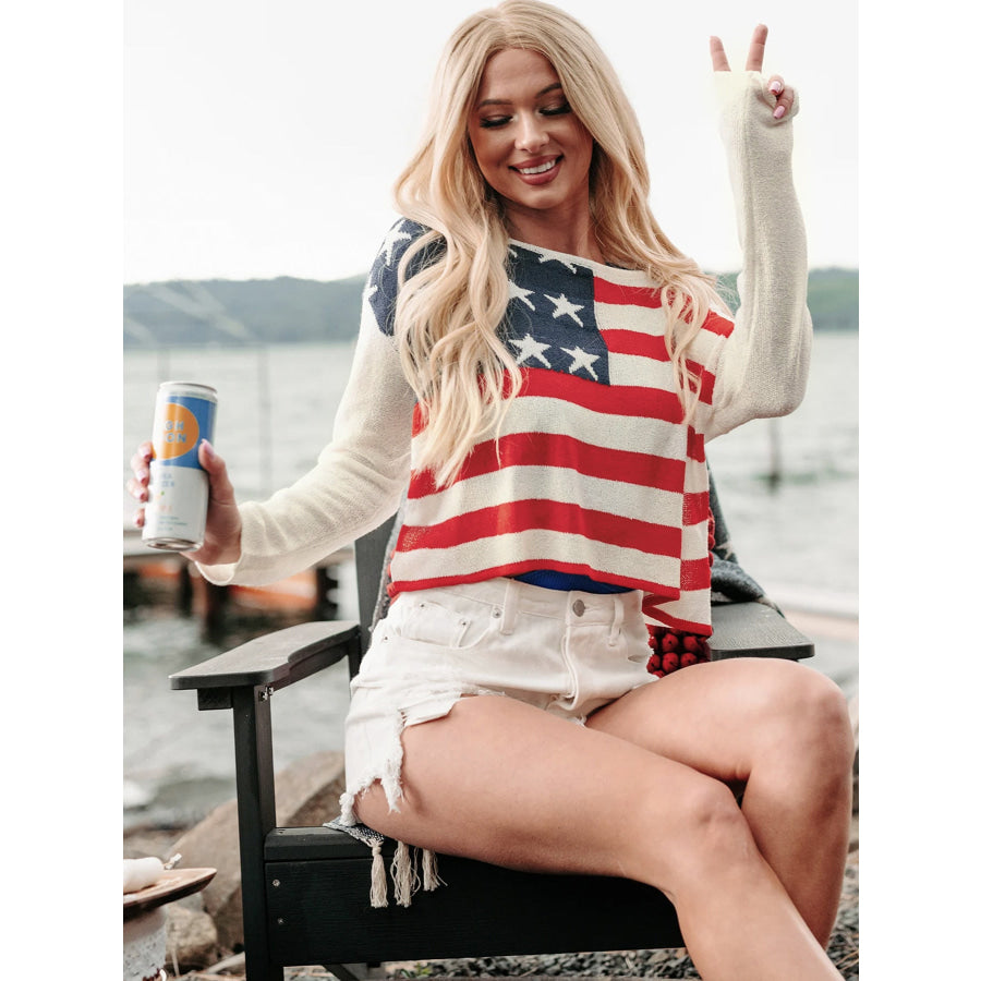 US Flag Boat Neck Long Sleeve Knit Top Apparel and Accessories