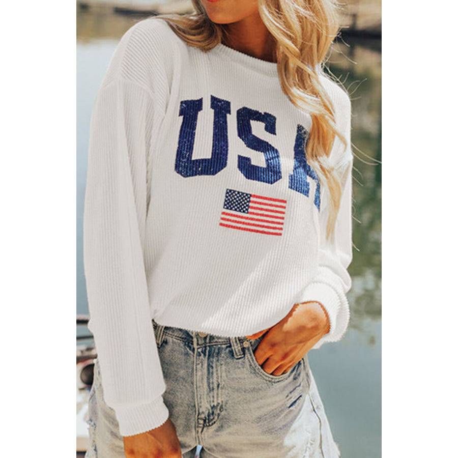 US Flag Corded Long Sleeve Sweatshirt White / S Apparel and Accessories