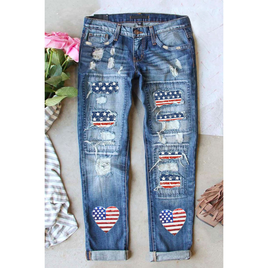 US Flag Distressed Straight Jeans Apparel and Accessories