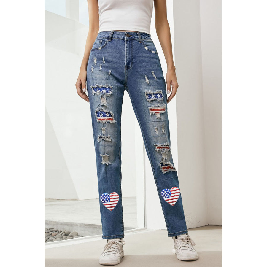 US Flag Distressed Straight Jeans Medium / 4 Apparel and Accessories