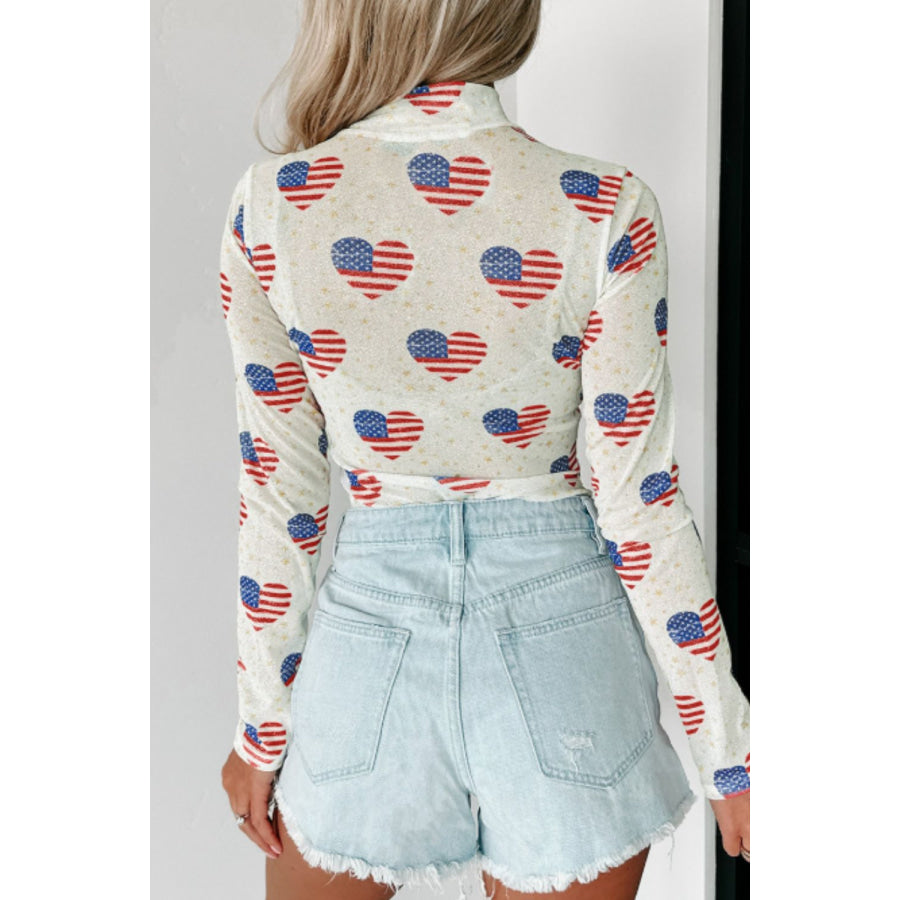 US Flag Heart Mock Neck Long Sleeve Bodysuit Apparel and Accessories