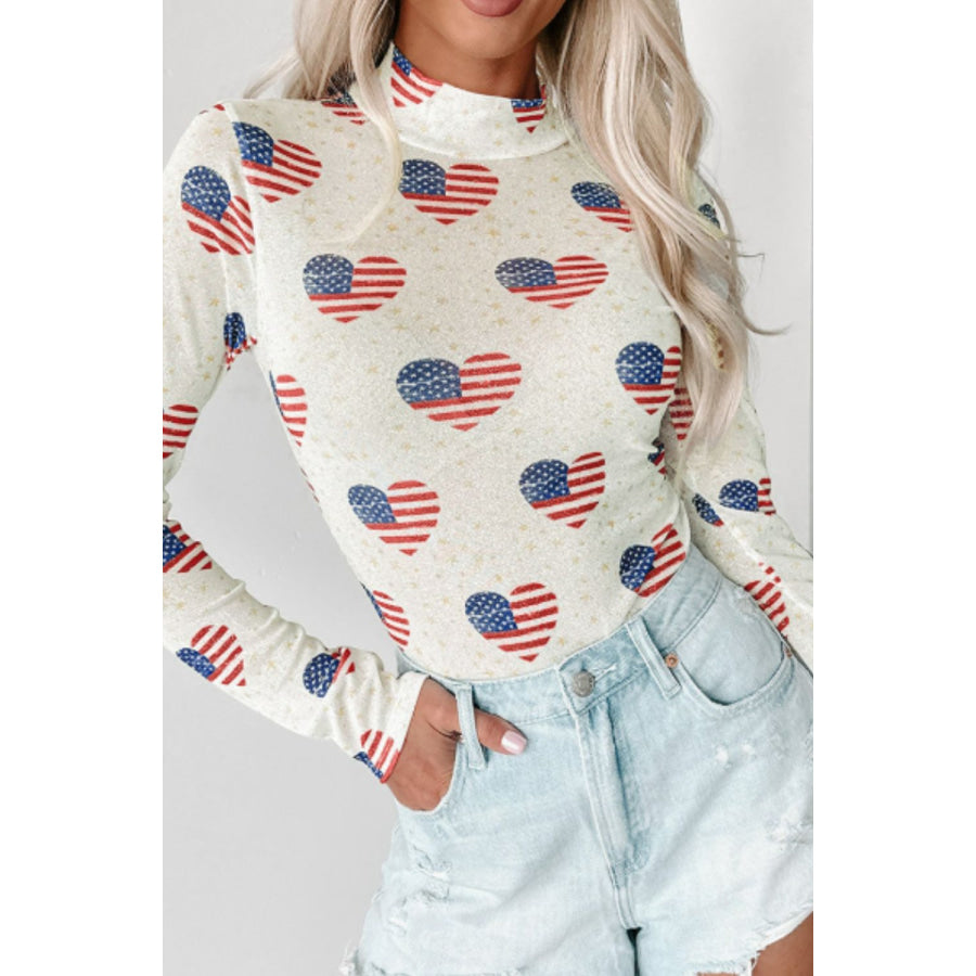 US Flag Heart Mock Neck Long Sleeve Bodysuit Apparel and Accessories