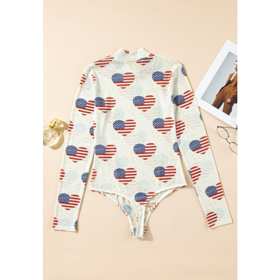 US Flag Heart Mock Neck Long Sleeve Bodysuit Apparel and Accessories