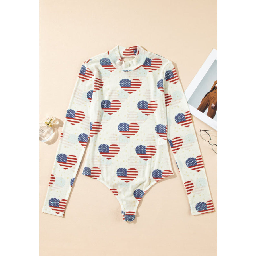 US Flag Heart Mock Neck Long Sleeve Bodysuit Apparel and Accessories