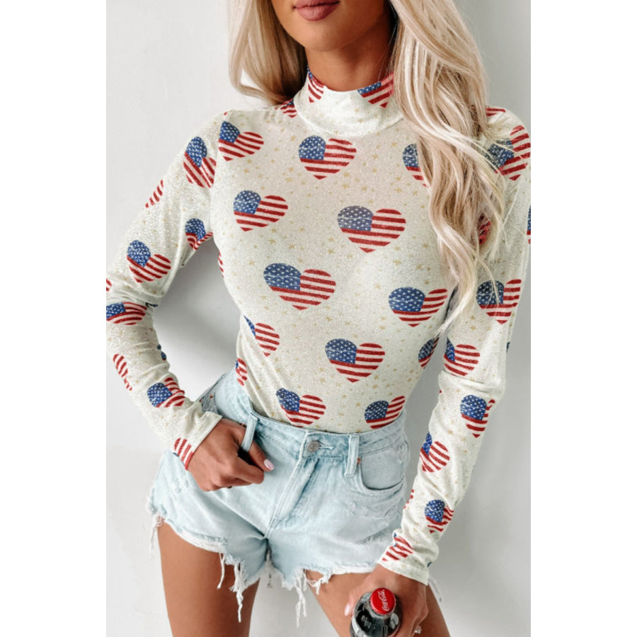 US Flag Heart Mock Neck Long Sleeve Bodysuit White / S Apparel and Accessories