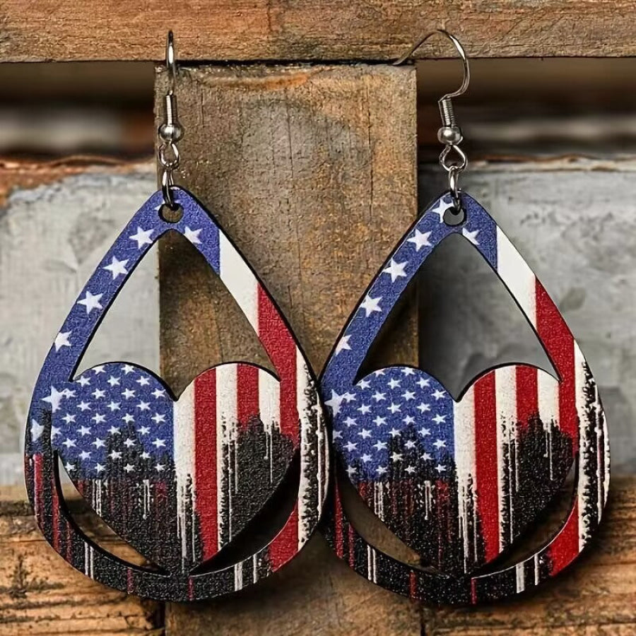 US Flag Pattern Wooden Earrings Multicolor / One Size Apparel and Accessories