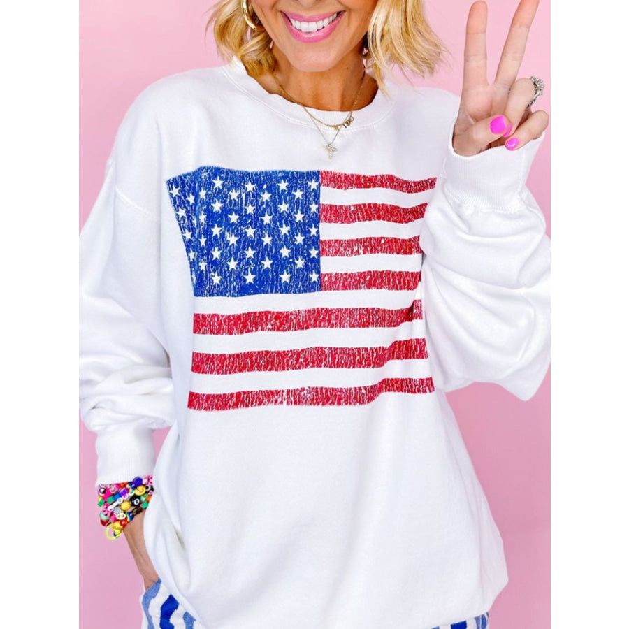 US Flag Round Neck Long Sleeve Sweatshirt White / S Apparel and Accessories