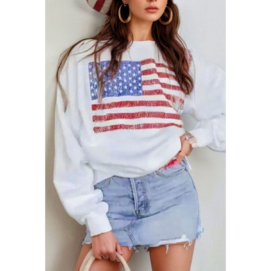 US Flag Round Neck Long Sleeve Sweatshirt White / S Apparel and Accessories