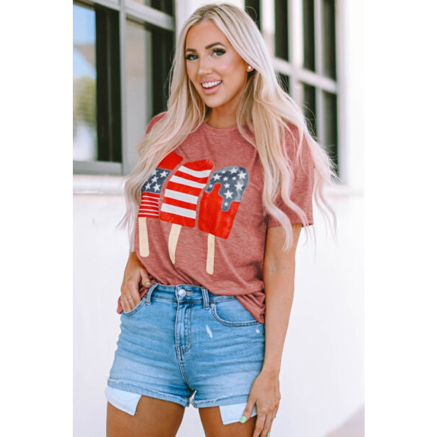 US Flag Round Neck Short Sleeve T-Shirt Burnt Coral / S Apparel and Accessories