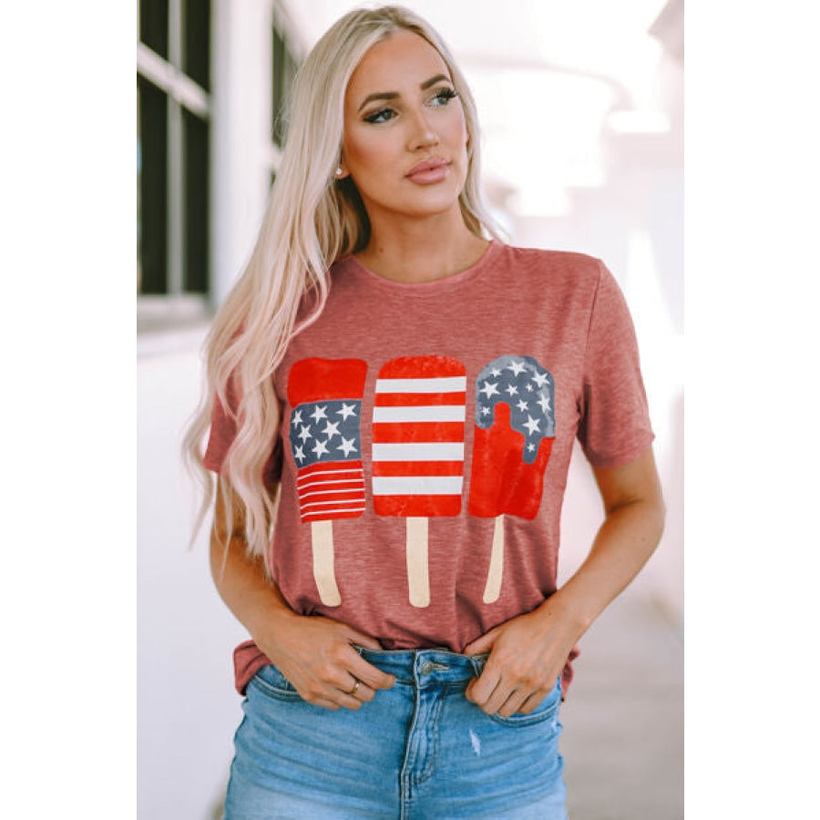 US Flag Round Neck Short Sleeve T-Shirt Burnt Coral / S Apparel and Accessories