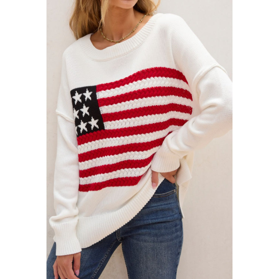 US Flag Side Slit Drop Shoulder Sweater Apparel and Accessories