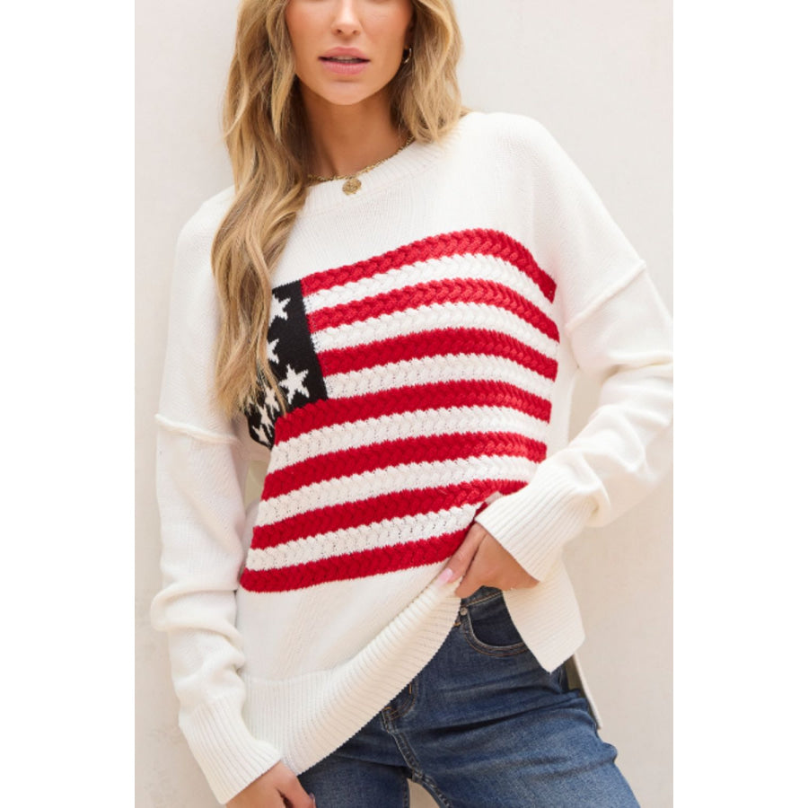 US Flag Side Slit Drop Shoulder Sweater Apparel and Accessories