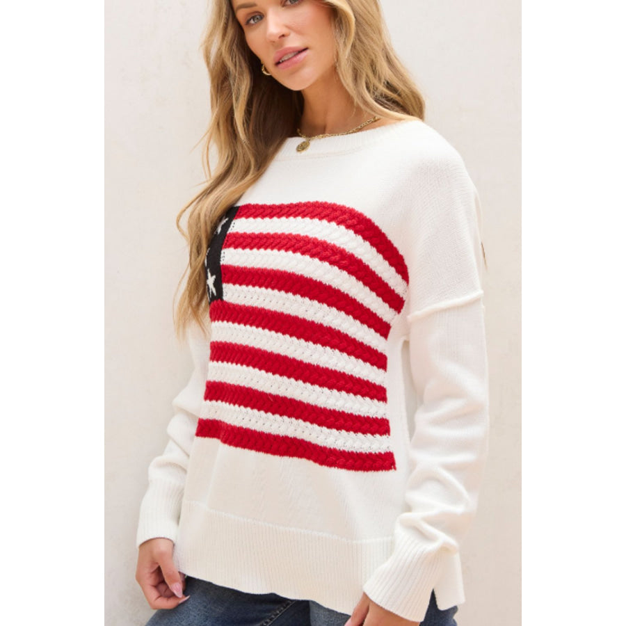 US Flag Side Slit Drop Shoulder Sweater Apparel and Accessories