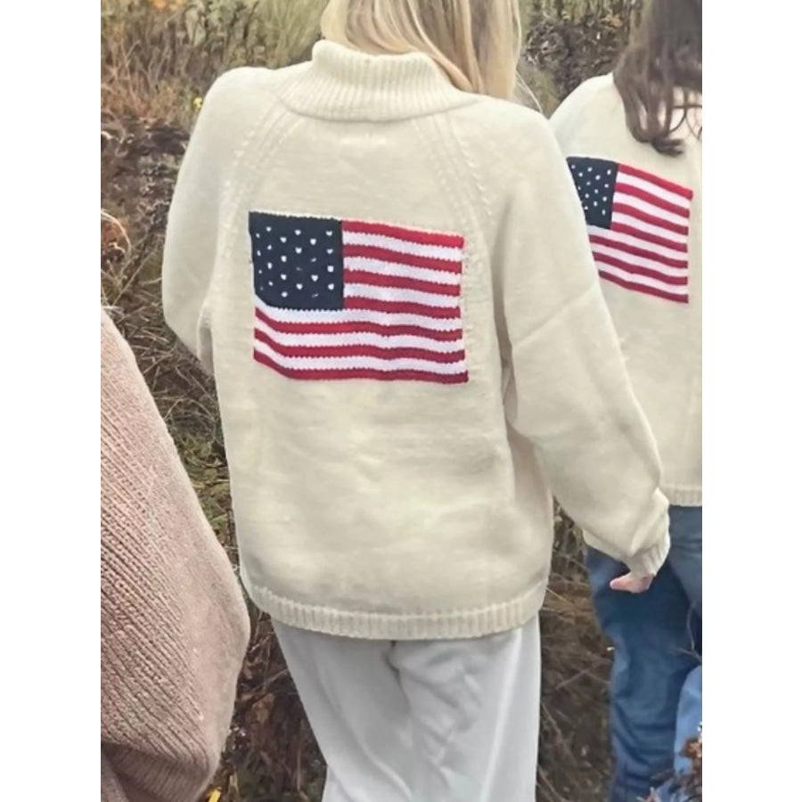 USA Flag Chunky Knit Button-Down Cardigan Off-white / S Apparel and Accessories